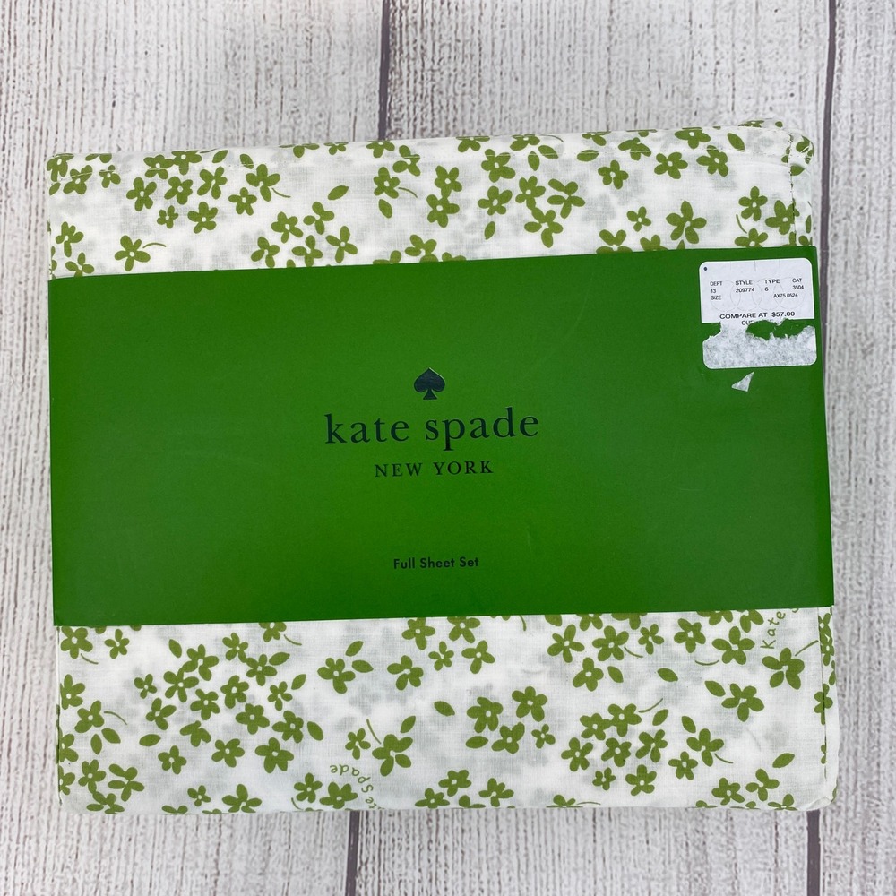 Kate Spade Sheet Set Full Green White Floral Cotton Percale Garden Botanical